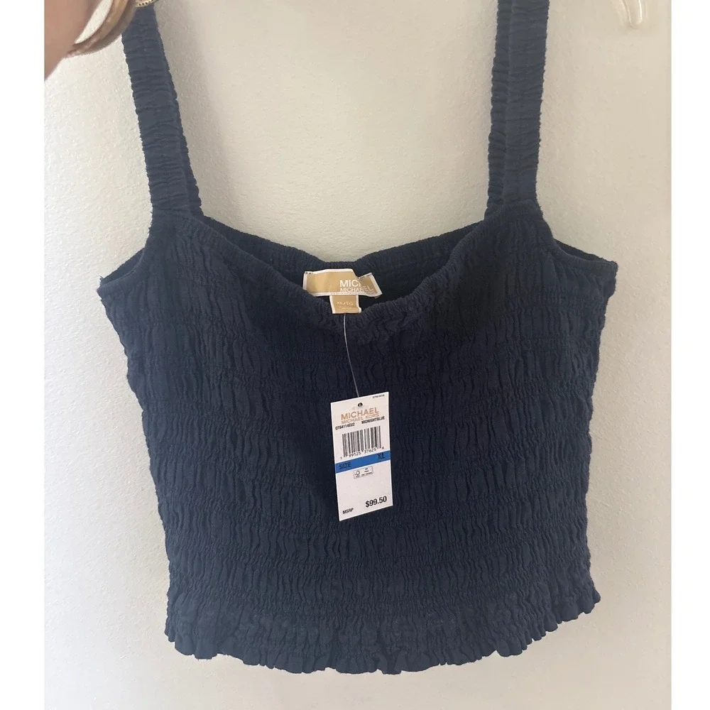 Michael Kors Midnight Blue Smocked Square Neck Tank Top XL QT64114EU2